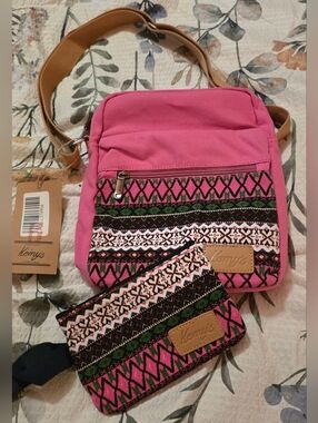 New! Kemys 2 Pc. Pink Patterned Crossbody Bag with Wristlet